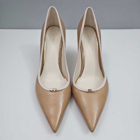 Tory Burch Double T Buckle Pump Womens 10.5 Tan Cream Leather Pointed Toe Heels - Picture 4 of 16